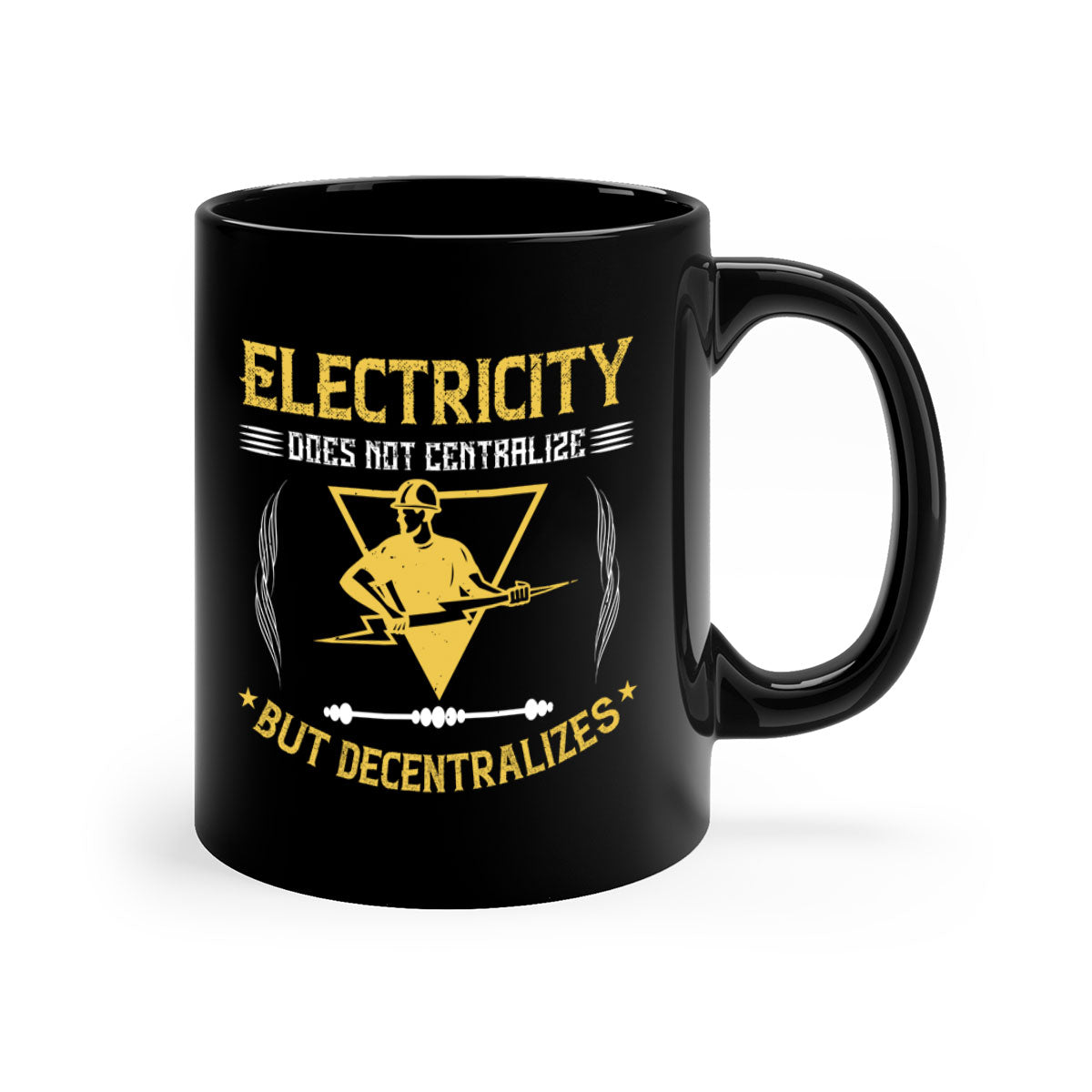 Electricity does not centralize but decentralizes Style 49# Mug with a glossy finish and colorful handle, available in multiple sizes.